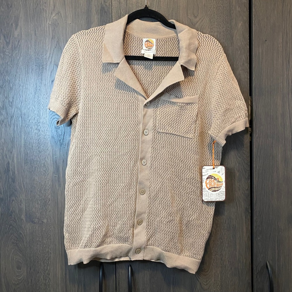C&C‎ California Mens Tan Open Knit Cotton Button Down Polo Shirt Small NWT